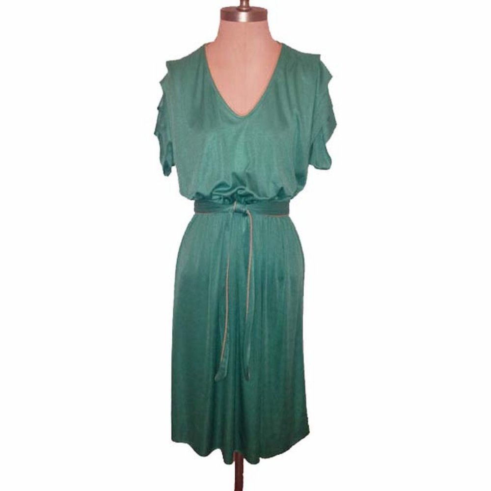 Vtg 70s Seafoam Green Gold Trim Belted Dress S